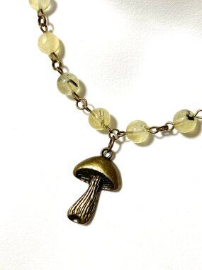 Natural Yellow Green Prehnite Short Necklace, Gemstone & Bronze Slim Mushroom